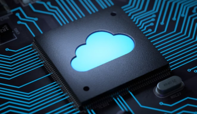 Digital microchip with cloud computing elements, symbolizing cloud-based data storage, AI applications, and scalable online services.
